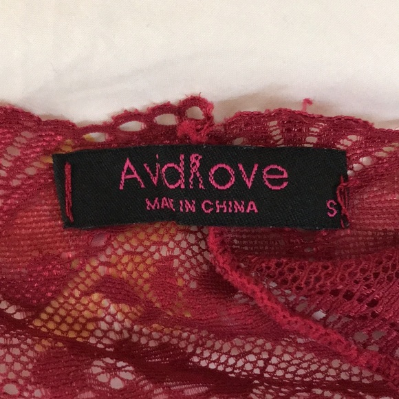 Avid Love sz Small lace bodysuit Haler top scalloped edge deep wine red sheer - Picture 11 of 13